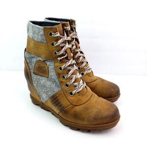 Sorel Lexie Womens Size 8.5 Brown Gray Leather Hidden Wedge Bootie Boots